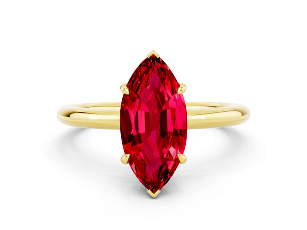 Yellow gold Marquise Cut Ruby Solitaire Ring with Thin Band and Four-Prong Setting