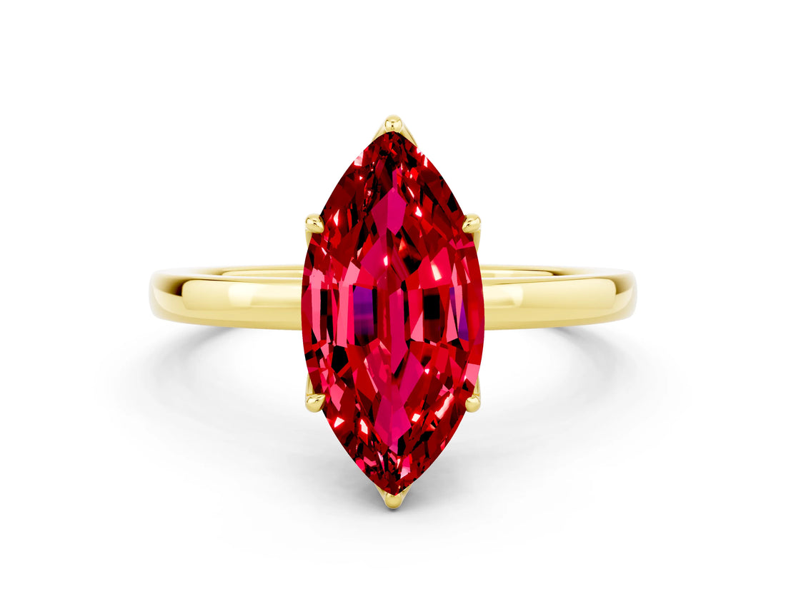 Yellow gold Marquise Cut Ruby Solitaire Ring with Thin Band and Prong Setting_12