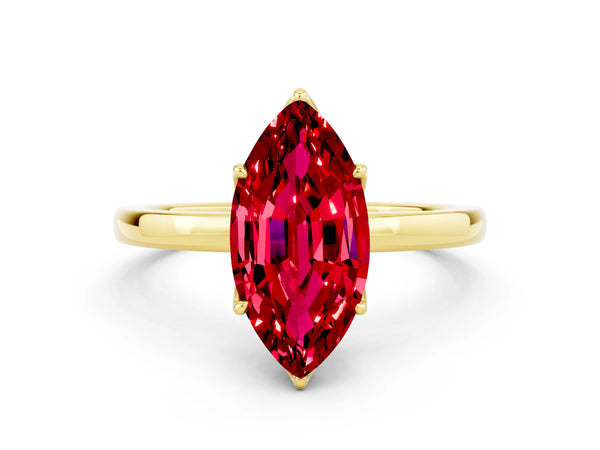 Yellow gold Marquise Cut Ruby Solitaire Ring with Thin Band and Prong Setting