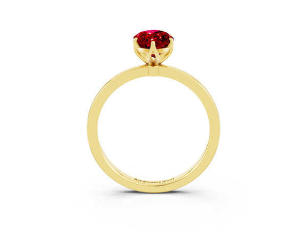 Yellow gold Marquise Cut Ruby Solitaire Ring with Thin Band and Prong Setting