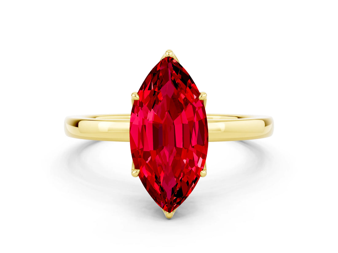 Yellow gold Marquise Cut Ruby Solitaire Ring with Thin Band and Prong Setting_24