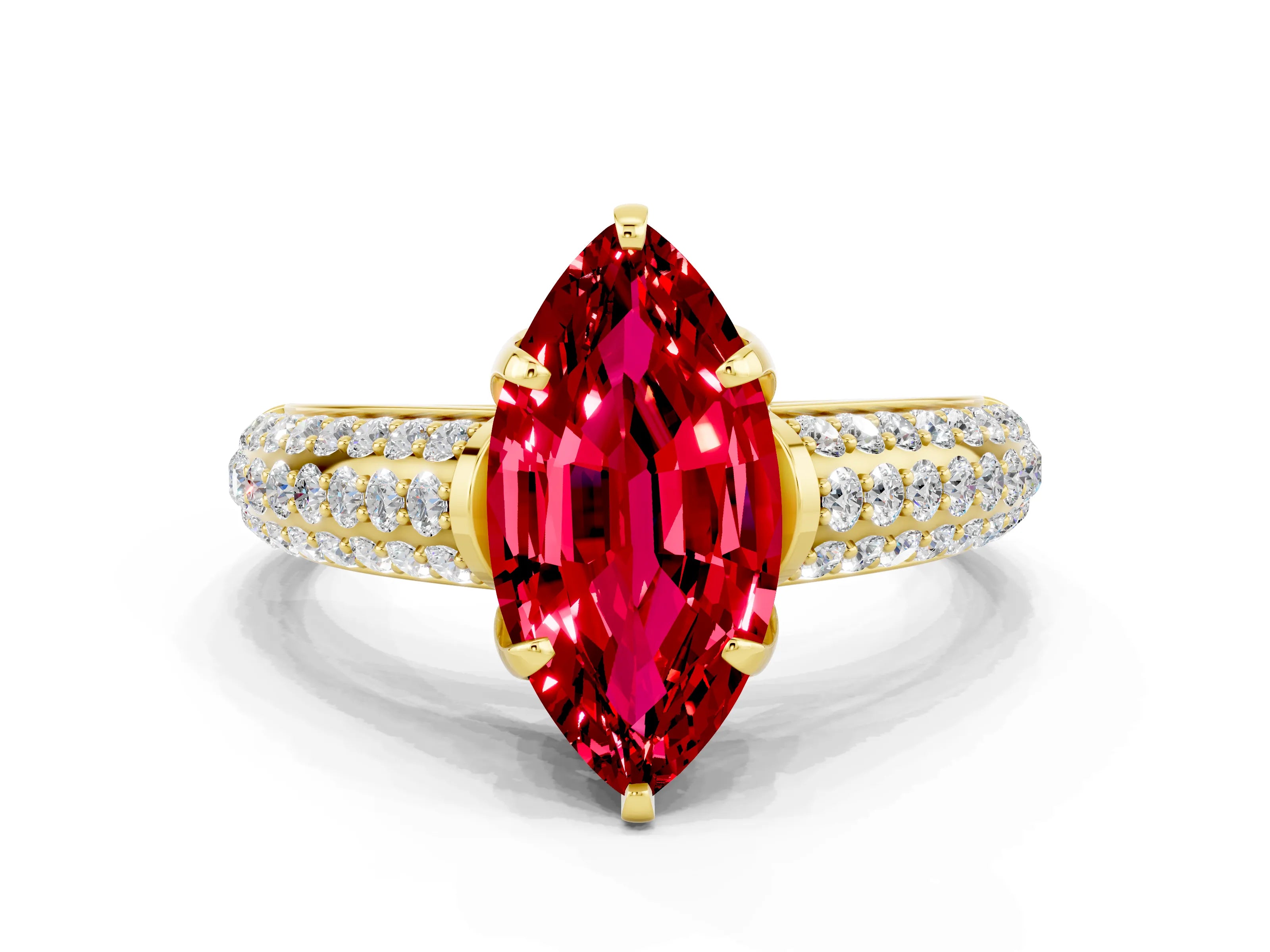 Yellow gold Marquise Cut Ruby Solitaire Ring with Three-Row Pavé Band and Four-Prong Setting_12