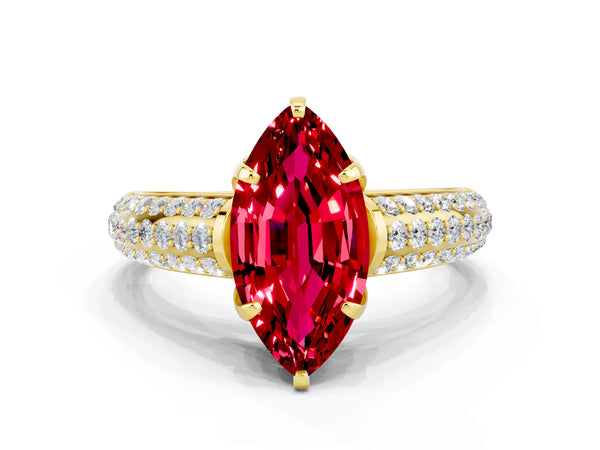 Yellow gold Marquise Cut Ruby Solitaire Ring with Three-Row Pavé Band and Four-Prong Setting