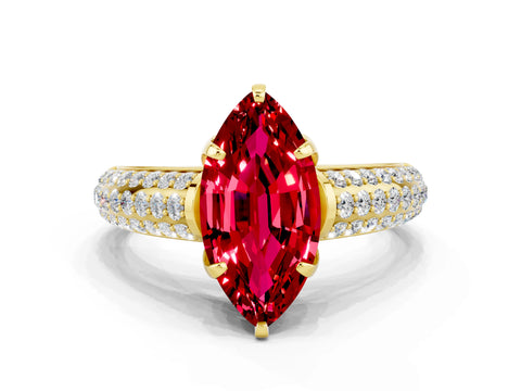Yellow gold Marquise Cut Ruby Solitaire Ring with Three-Row Pavé Band and Four-Prong Setting_12