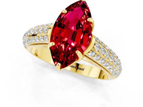 Yellow gold Marquise Cut Ruby Solitaire Ring with Three-Row Pavé Band and Four-Prong Setting_13