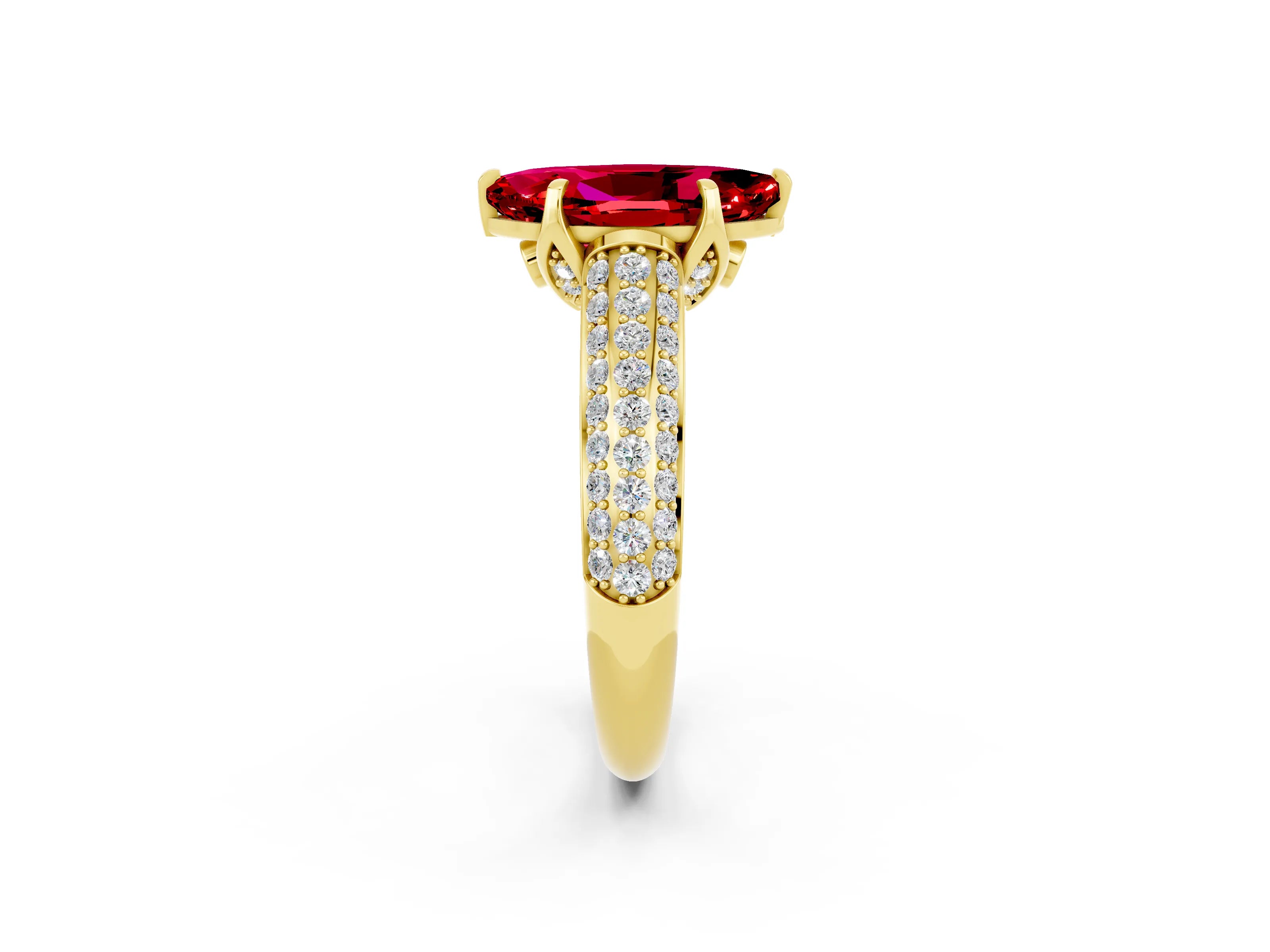 Yellow gold Marquise Cut Ruby Solitaire Ring with Three-Row Pavé Band and Four-Prong Setting_14
