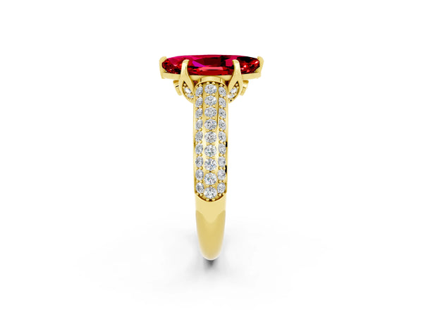 Yellow gold Marquise Cut Ruby Solitaire Ring with Three-Row Pavé Band and Four-Prong Setting