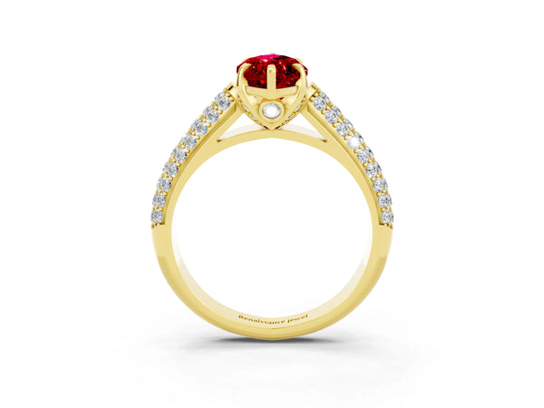 Yellow gold Marquise Cut Ruby Solitaire Ring with Three-Row Pavé Band and Four-Prong Setting