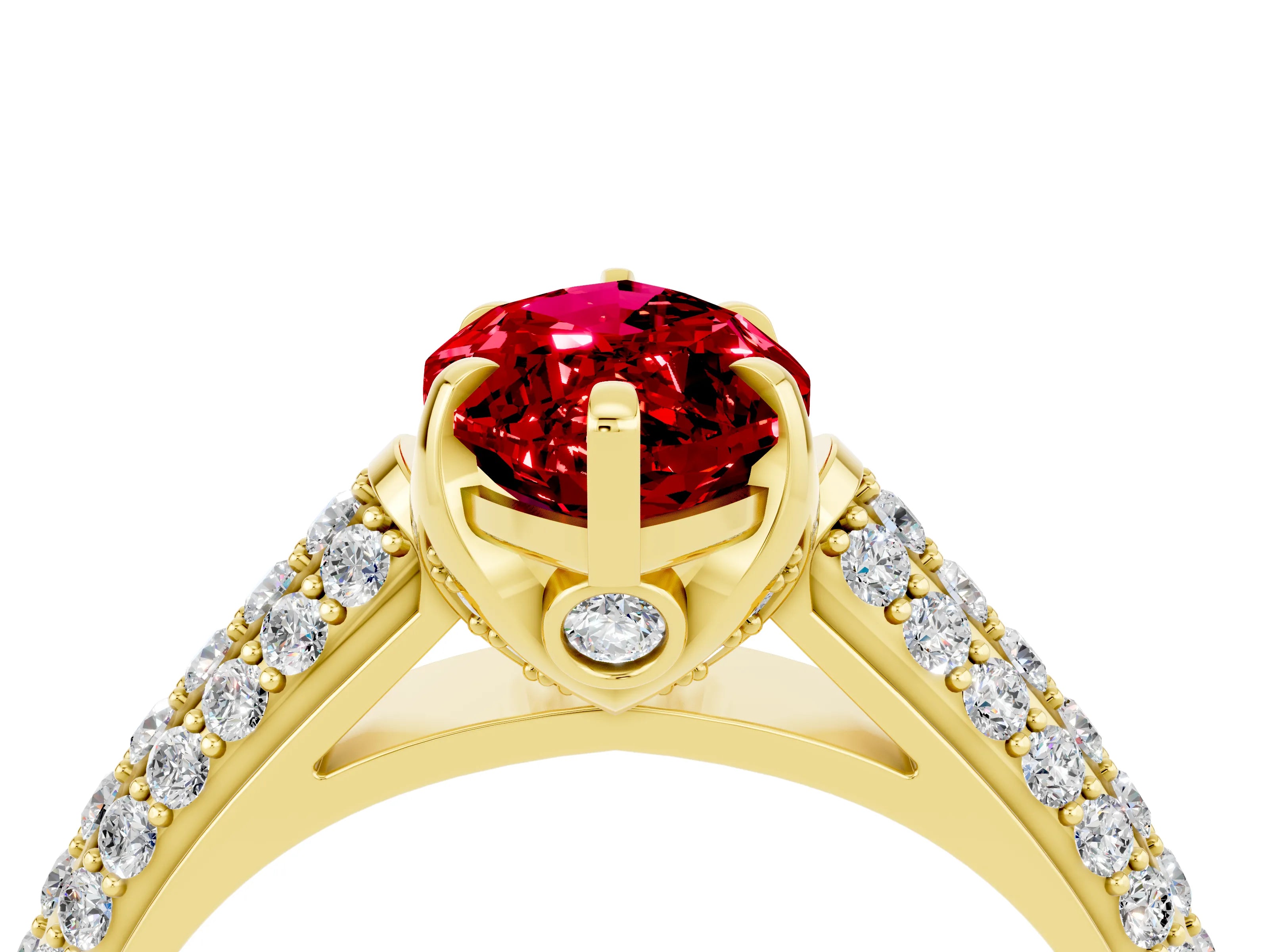 Yellow gold Marquise Cut Ruby Solitaire Ring with Three-Row Pavé Band and Four-Prong Setting_16