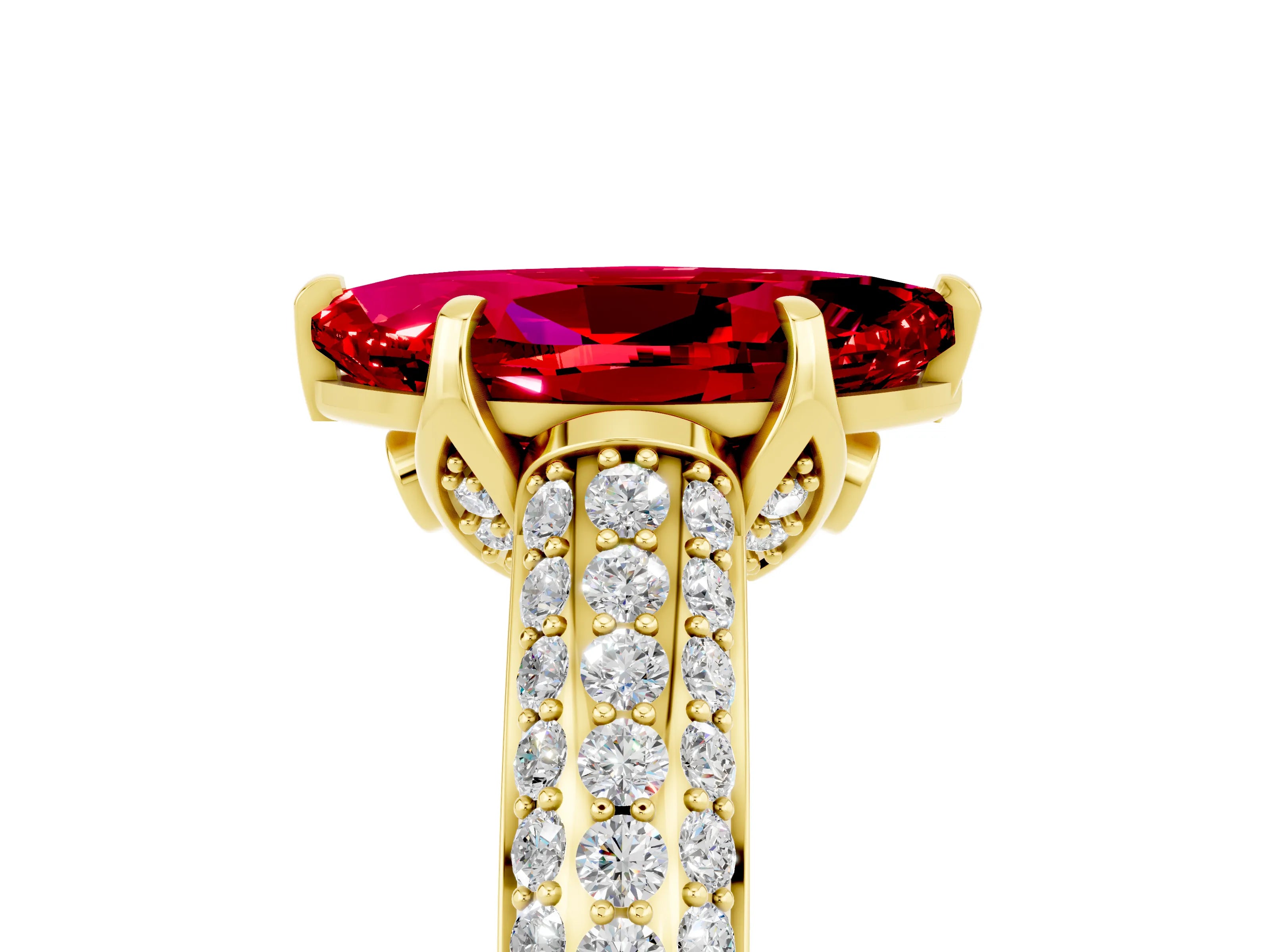 Yellow gold Marquise Cut Ruby Solitaire Ring with Three-Row Pavé Band and Four-Prong Setting_17