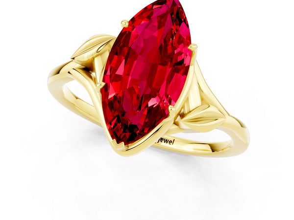Yellow gold Marquise Cut Ruby Solitaire Ring with Twist Band and Four-Prong Setting