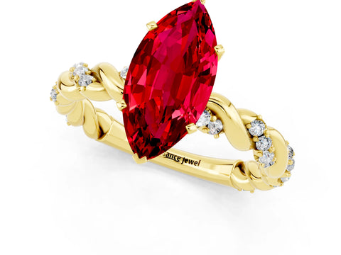 Yellow gold Marquise Cut Ruby Solitaire Ring with Twisted Band and Pavé Accents_1