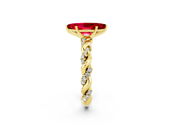 Yellow gold Marquise Cut Ruby Solitaire Ring with Twisted Band and Pavé Accents
