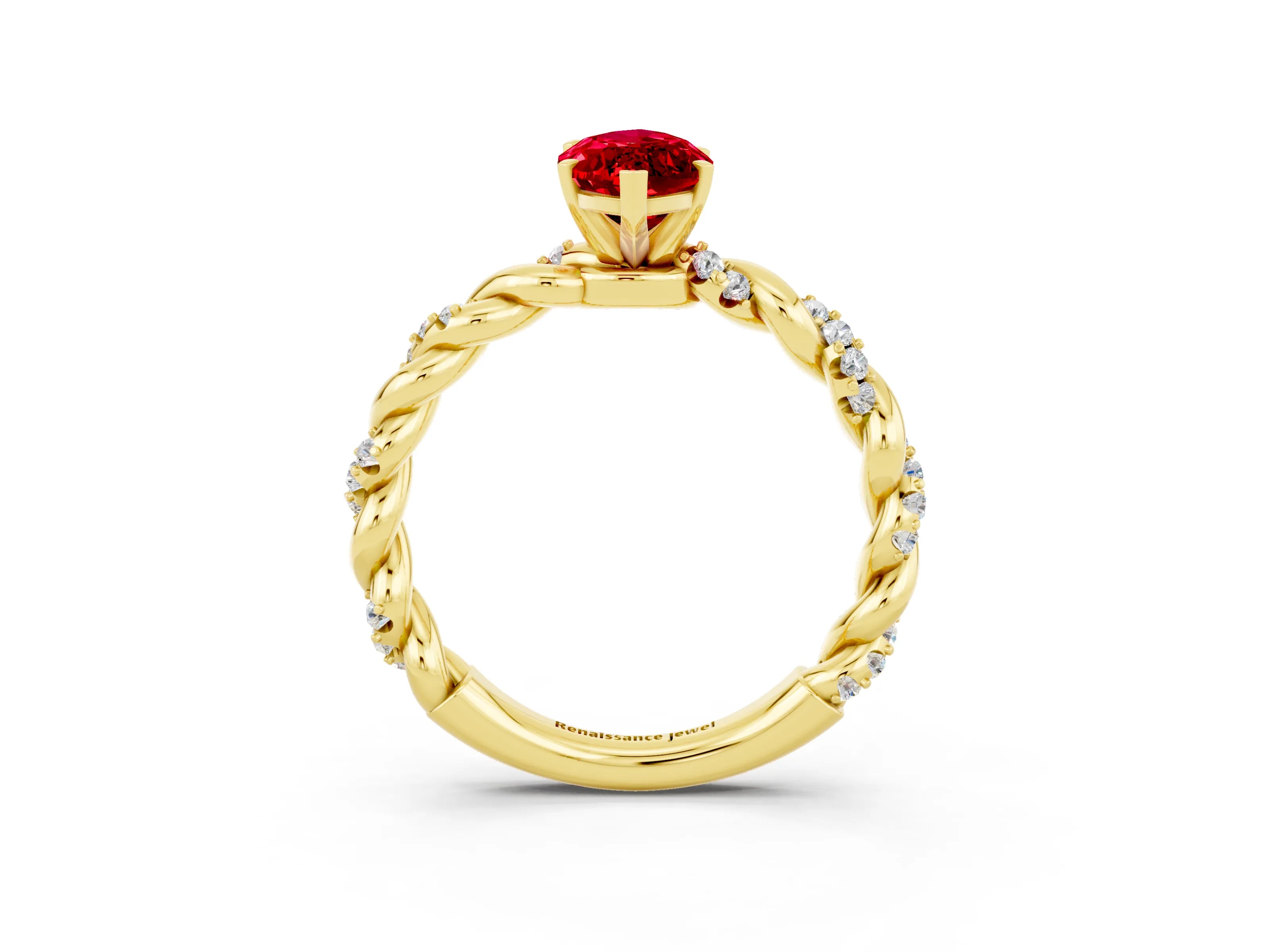 Yellow gold Marquise Cut Ruby Solitaire Ring with Twisted Band and Pavé Accents_3
