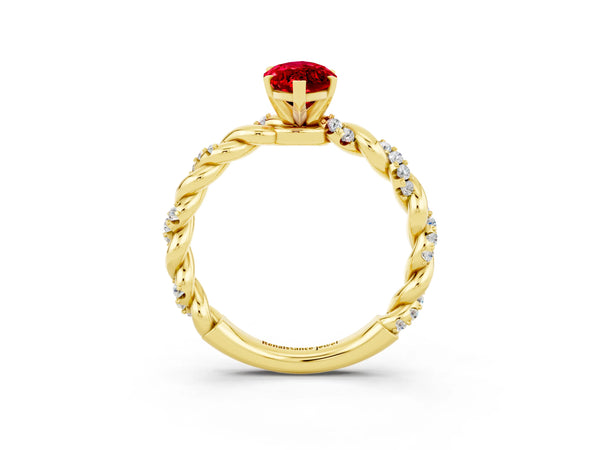 Yellow gold Marquise Cut Ruby Solitaire Ring with Twisted Band and Pavé Accents