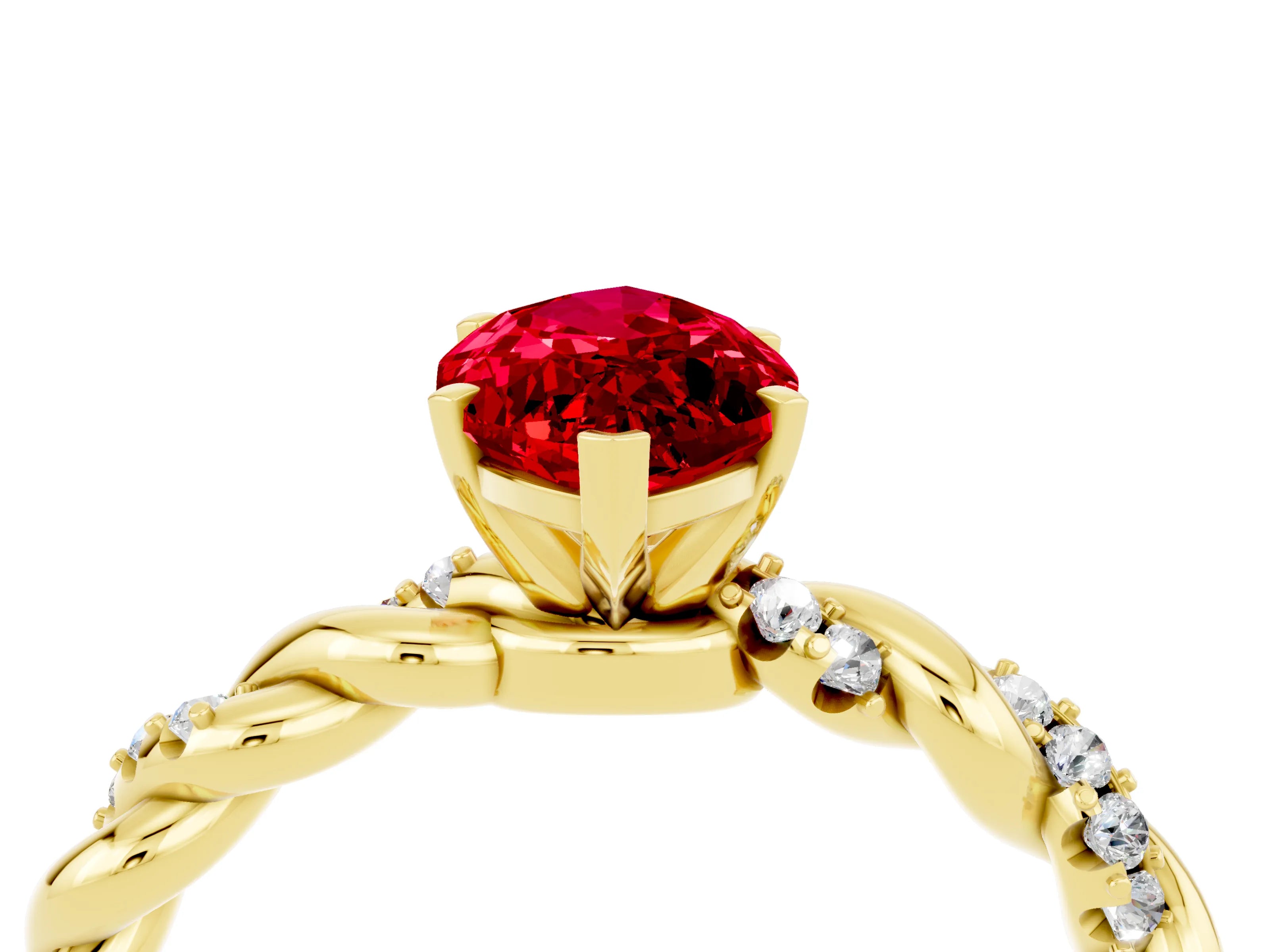 Yellow gold Marquise Cut Ruby Solitaire Ring with Twisted Band and Pavé Accents_4