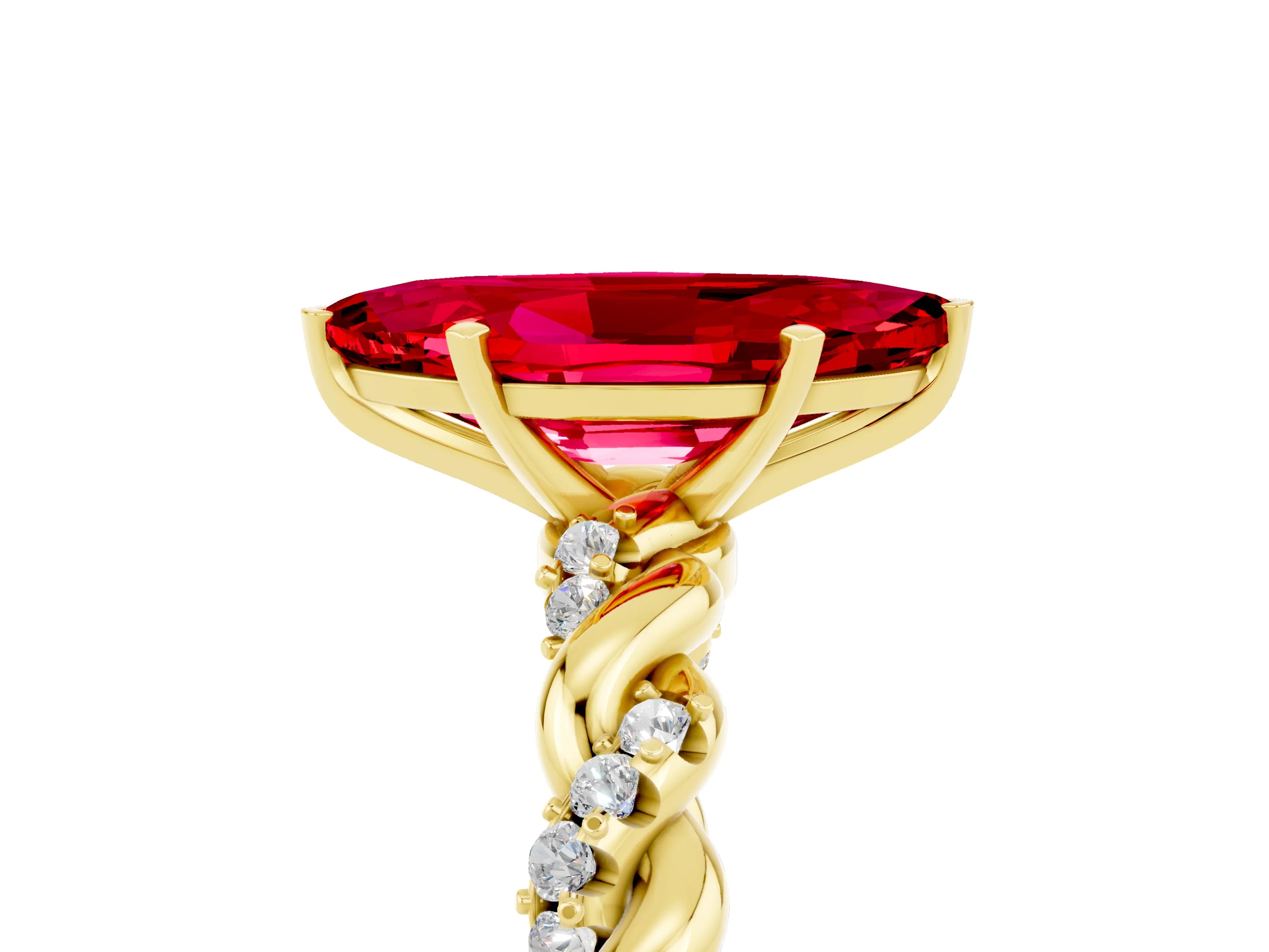 Yellow gold Marquise Cut Ruby Solitaire Ring with Twisted Band and Pavé Accents_5