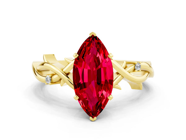 Yellow gold Marquise Cut Ruby Solitaire Ring with Twisted Band and Prong Setting