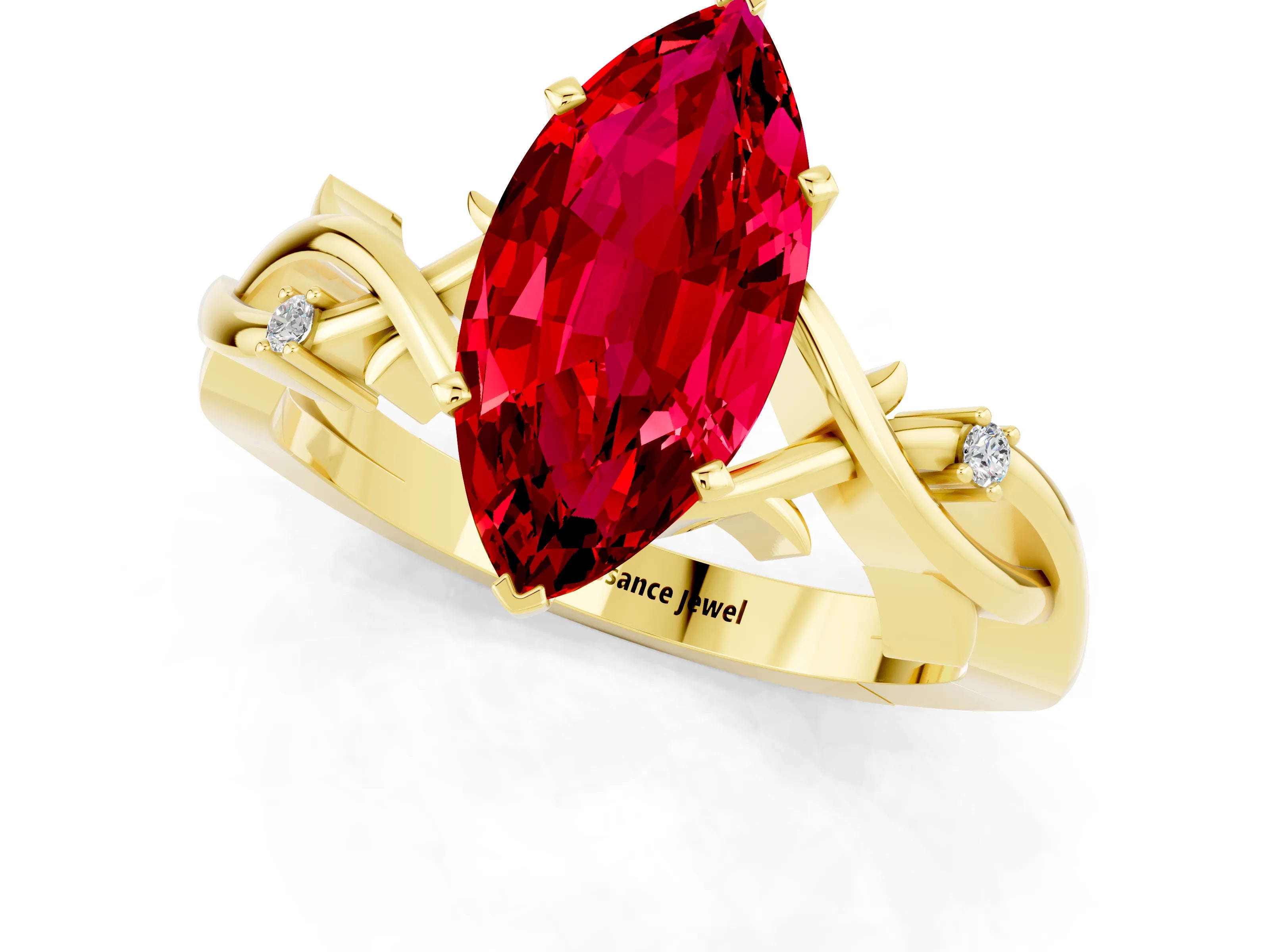 Yellow gold Marquise Cut Ruby Solitaire Ring with Twisted Band and Prong Setting_1