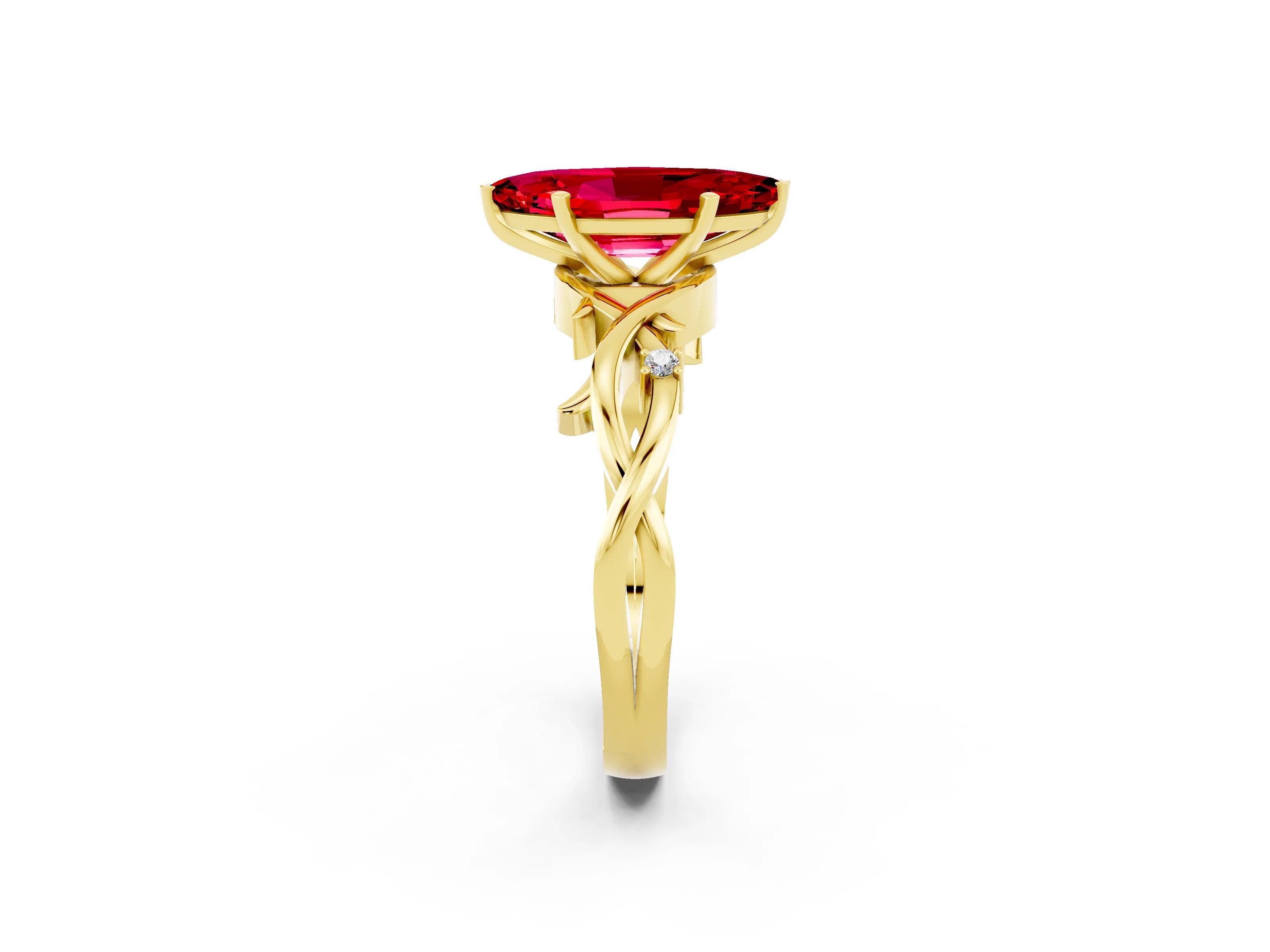 Yellow gold Marquise Cut Ruby Solitaire Ring with Twisted Band and Prong Setting_2