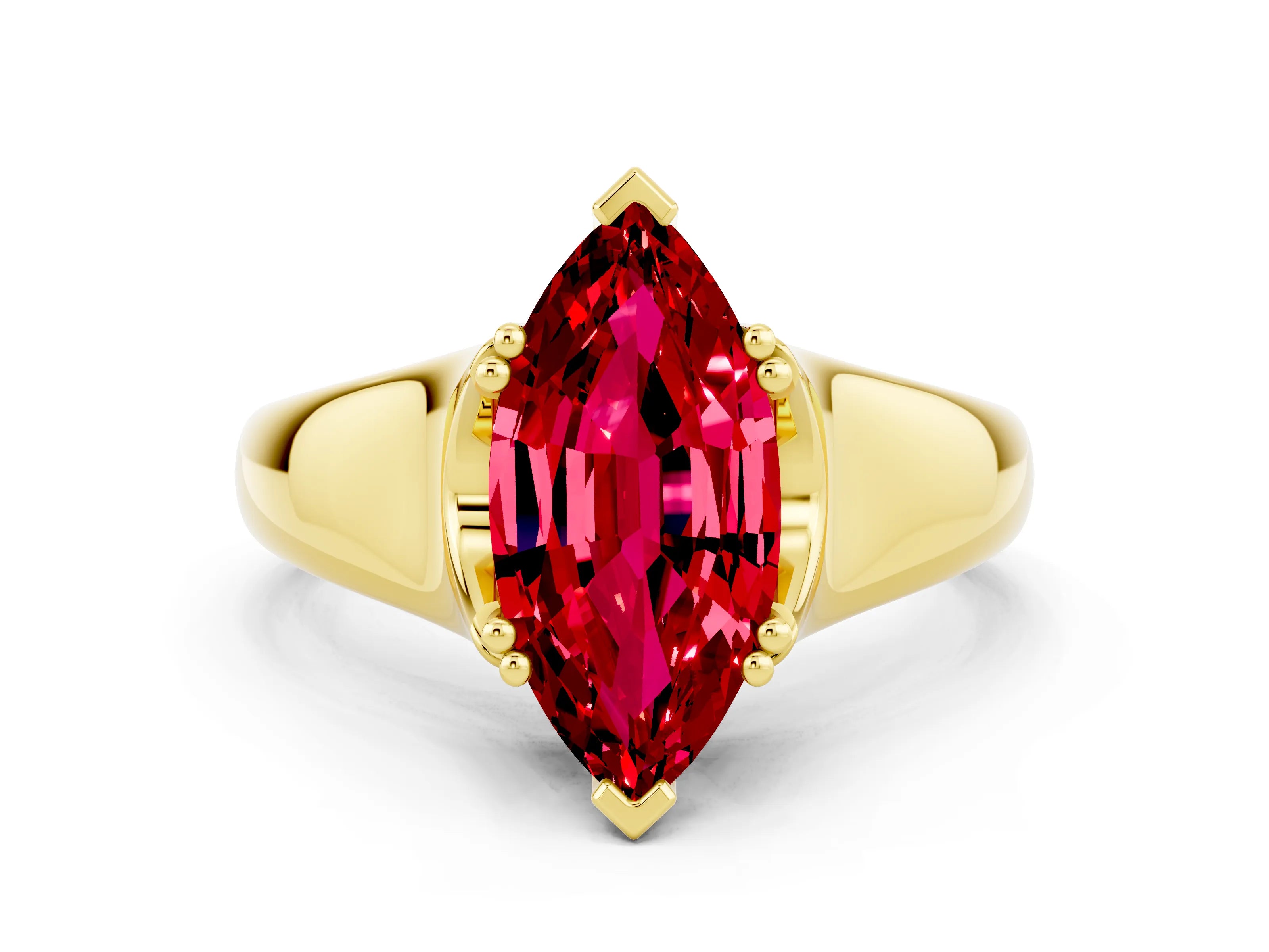 Yellow gold Marquise Cut Ruby Solitaire Ring with Wide Band and Prong Setting
