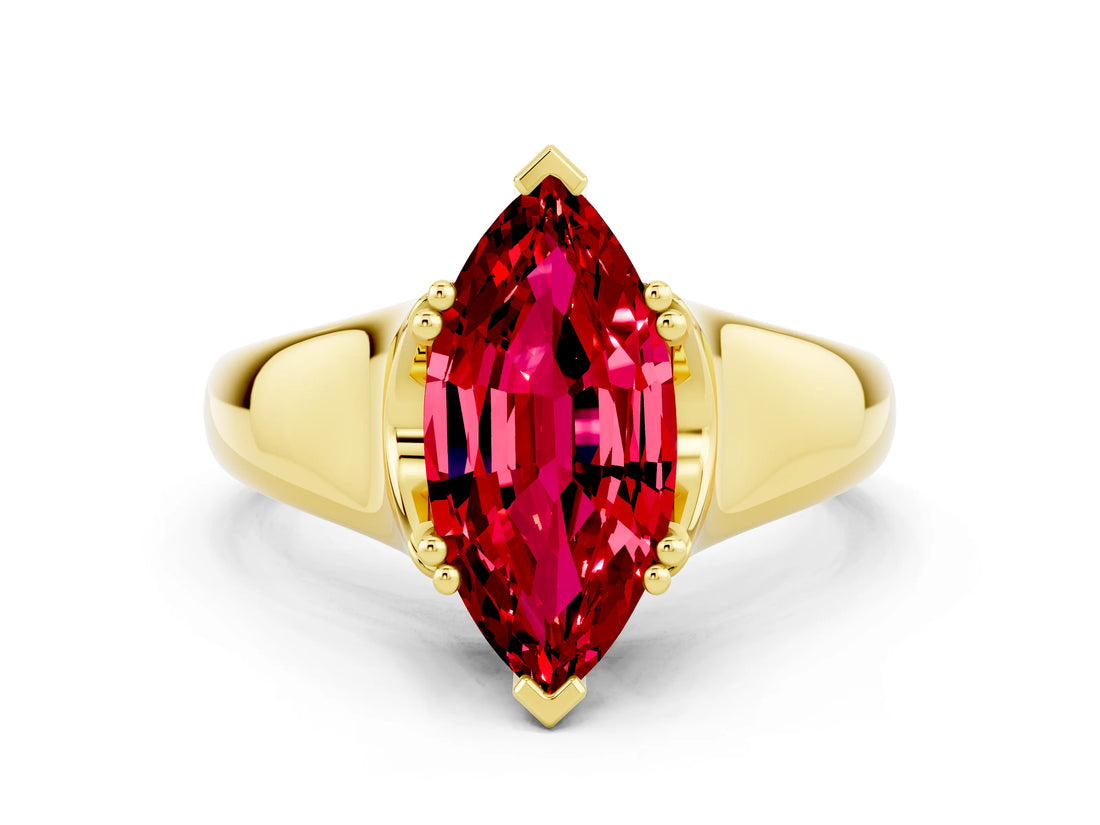 Yellow gold Marquise Cut Ruby Solitaire Ring with Wide Band and Prong Setting