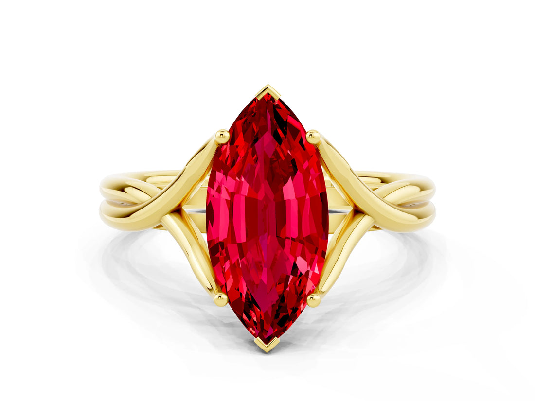 Yellow gold Marquise Cut Ruby Solitaire Twist Band Prong Setting Ring_48