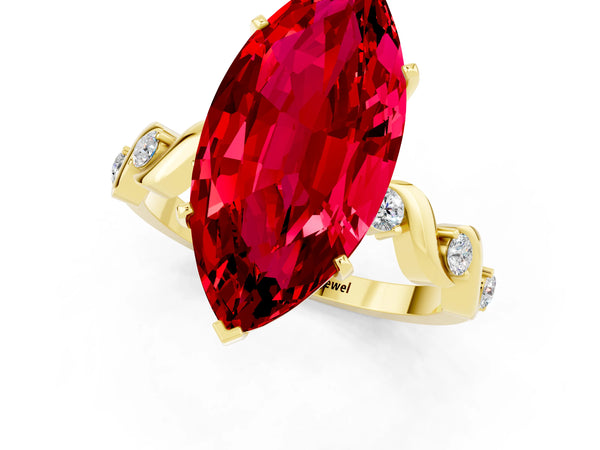 Yellow gold Marquise Cut Ruby Solitaire Twisted Band with Round  Accents and Prong Setting
