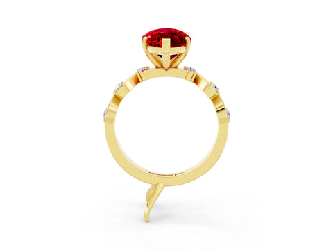 Yellow gold Marquise Cut Ruby Solitaire Twisted Band with Round  Accents and Prong Setting_15