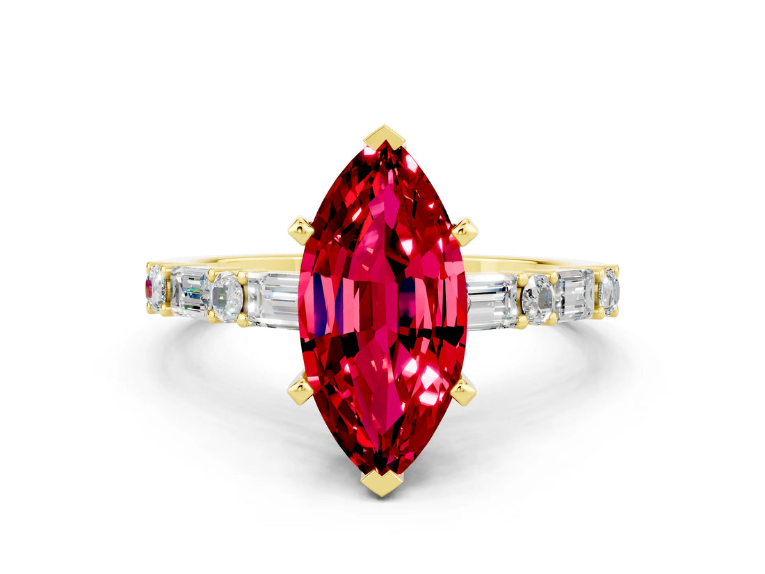 Yellow gold Marquise Cut Ruby Solitaire with Side Baguettes and Channel Set Band