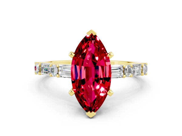 Yellow gold Marquise Cut Ruby Solitaire with Side Baguettes and Channel Set Band