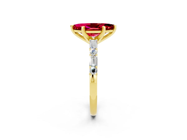 Yellow gold Marquise Cut Ruby Solitaire with Side Baguettes and Channel Set Band