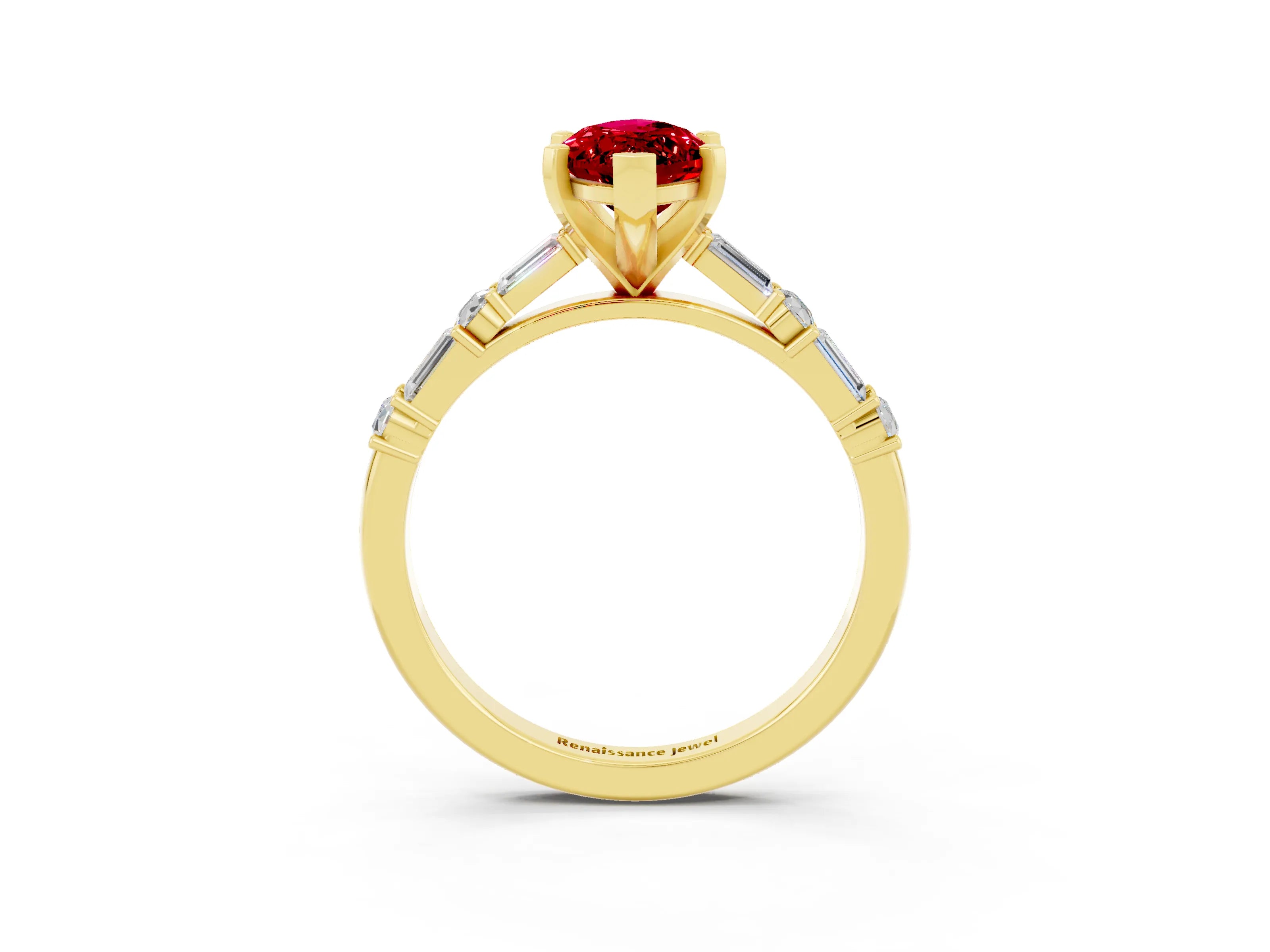 Yellow gold Marquise Cut Ruby Solitaire with Side Baguettes and Channel Set Band_3