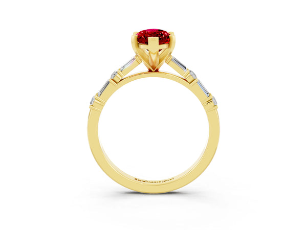 Yellow gold Marquise Cut Ruby Solitaire with Side Baguettes and Channel Set Band