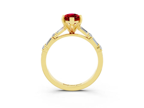 Yellow gold Marquise Cut Ruby Solitaire with Side Baguettes and Channel Set Band_3