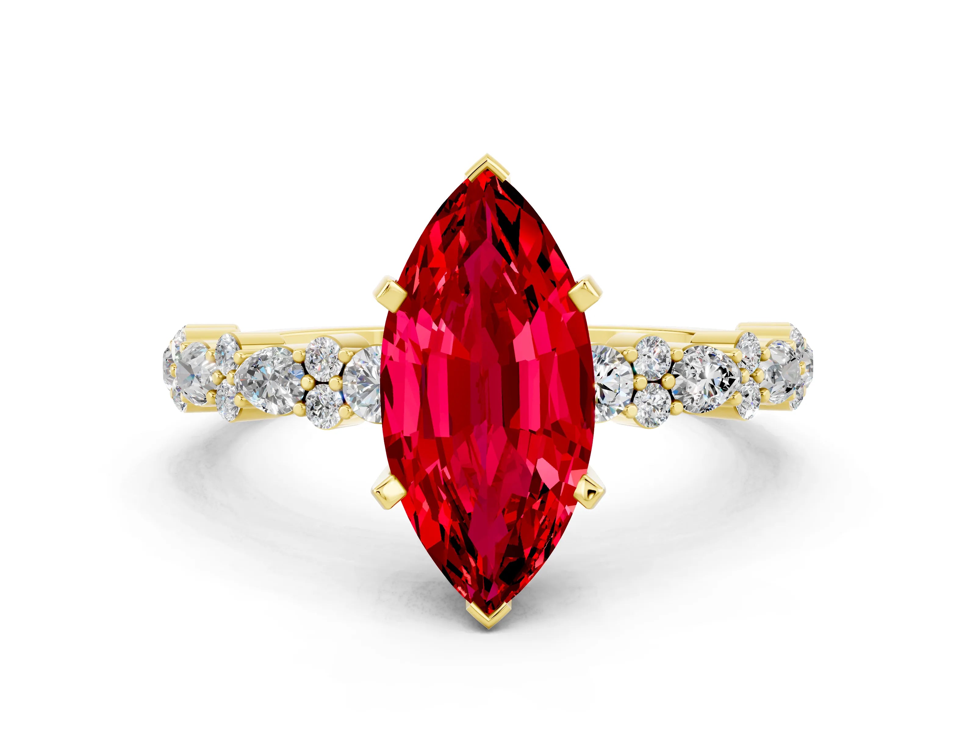 Yellow gold Marquise Cut Ruby Solitaire with Side Stones, Pave Band, Four-Prong Setting_12