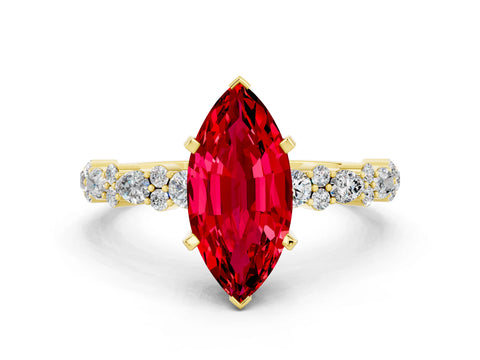 Yellow gold Marquise Cut Ruby Solitaire with Side Stones, Pave Band, Four-Prong Setting_12