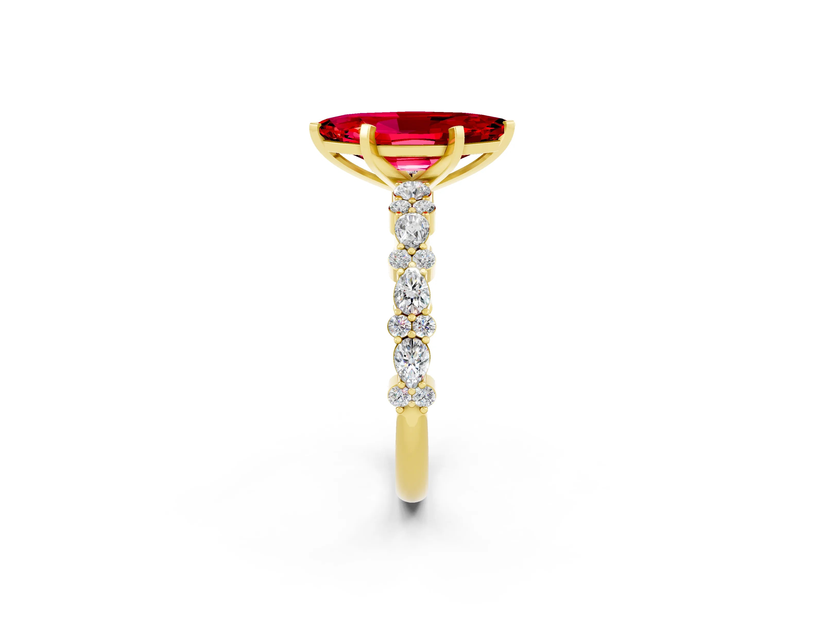 Yellow gold Marquise Cut Ruby Solitaire with Side Stones, Pave Band, Four-Prong Setting_14