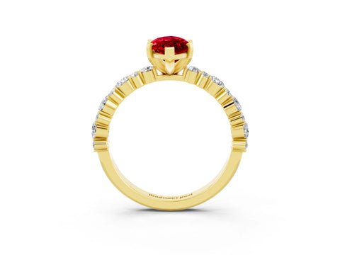 Yellow gold Marquise Cut Ruby Solitaire with Side Stones, Pave Band, Four-Prong Setting_15