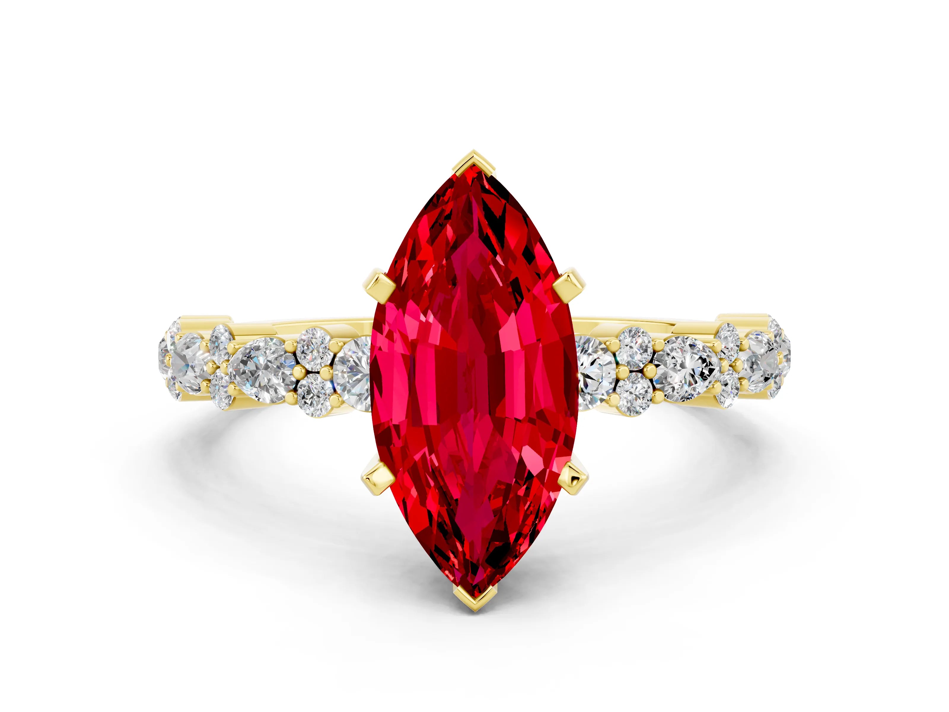 Yellow gold Marquise Cut Ruby Solitaire with Side Stones, Pave Band, Four-Prong Setting_36