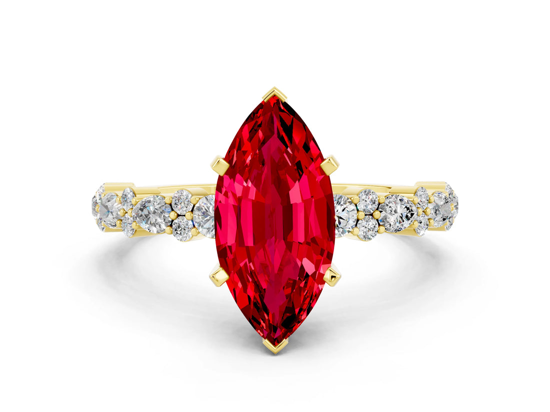 Yellow gold Marquise Cut Ruby Solitaire with Side Stones, Pave Band, Four-Prong Setting_36