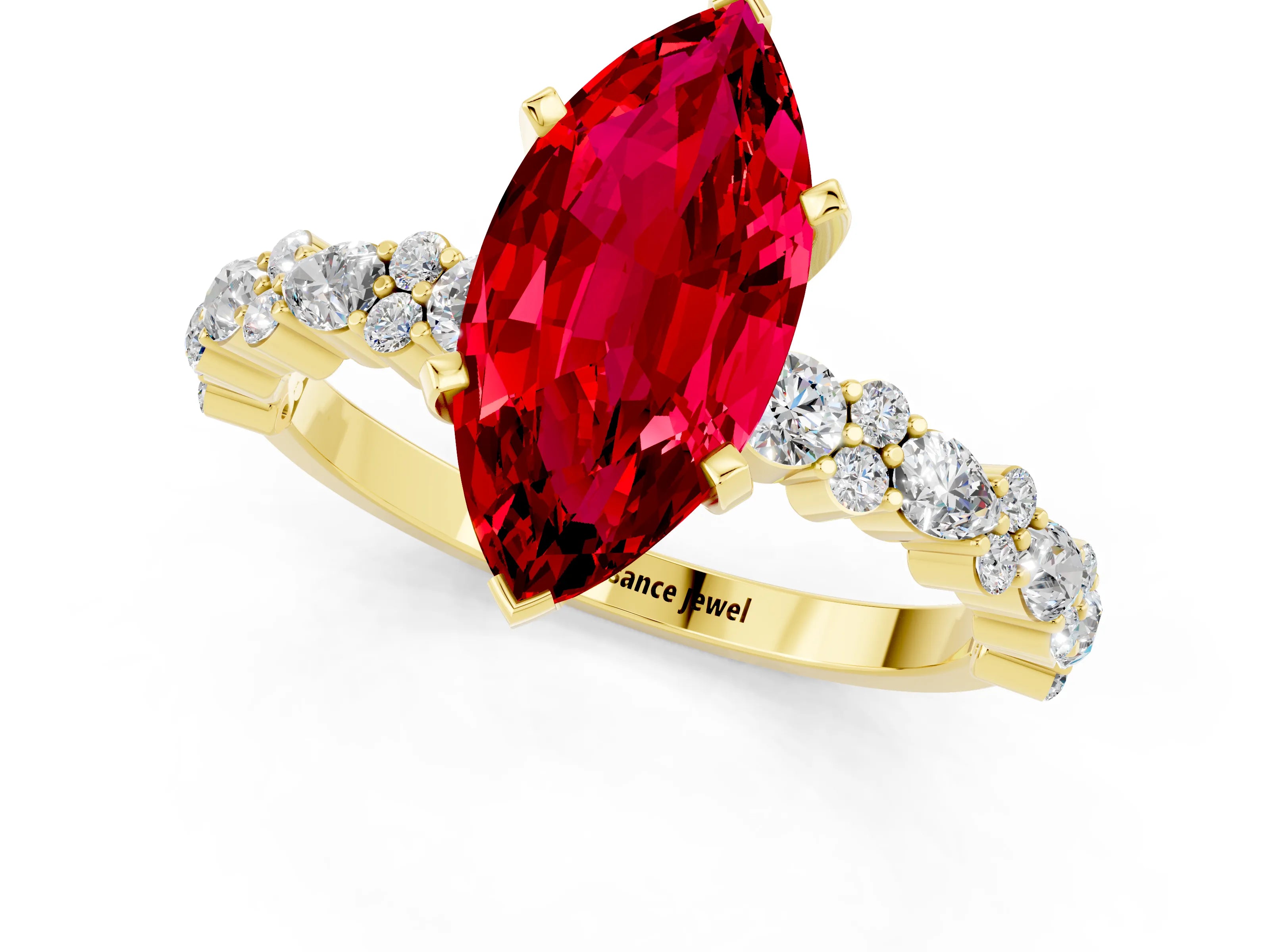 Yellow gold Marquise Cut Ruby Solitaire with Side Stones, Pave Band, Four-Prong Setting_37
