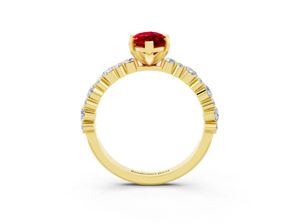 Yellow gold Marquise Cut Ruby Side Stone Solitaire Ring with Round  and Four-Prong Setting