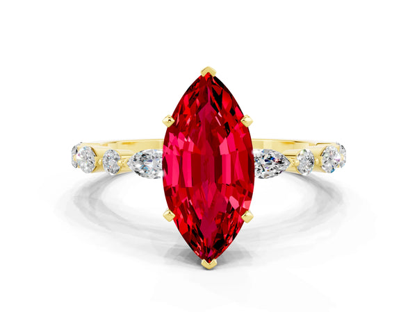 Yellow gold Marquise Cut Ruby Ring with Marquise and Round  Side Stones and Four-Prong Setting