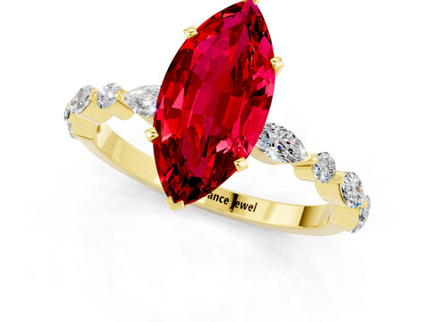 Yellow gold Marquise Cut Ruby Solitaire with Side Stones on a Pavé Band and Four-Prong Setting_1