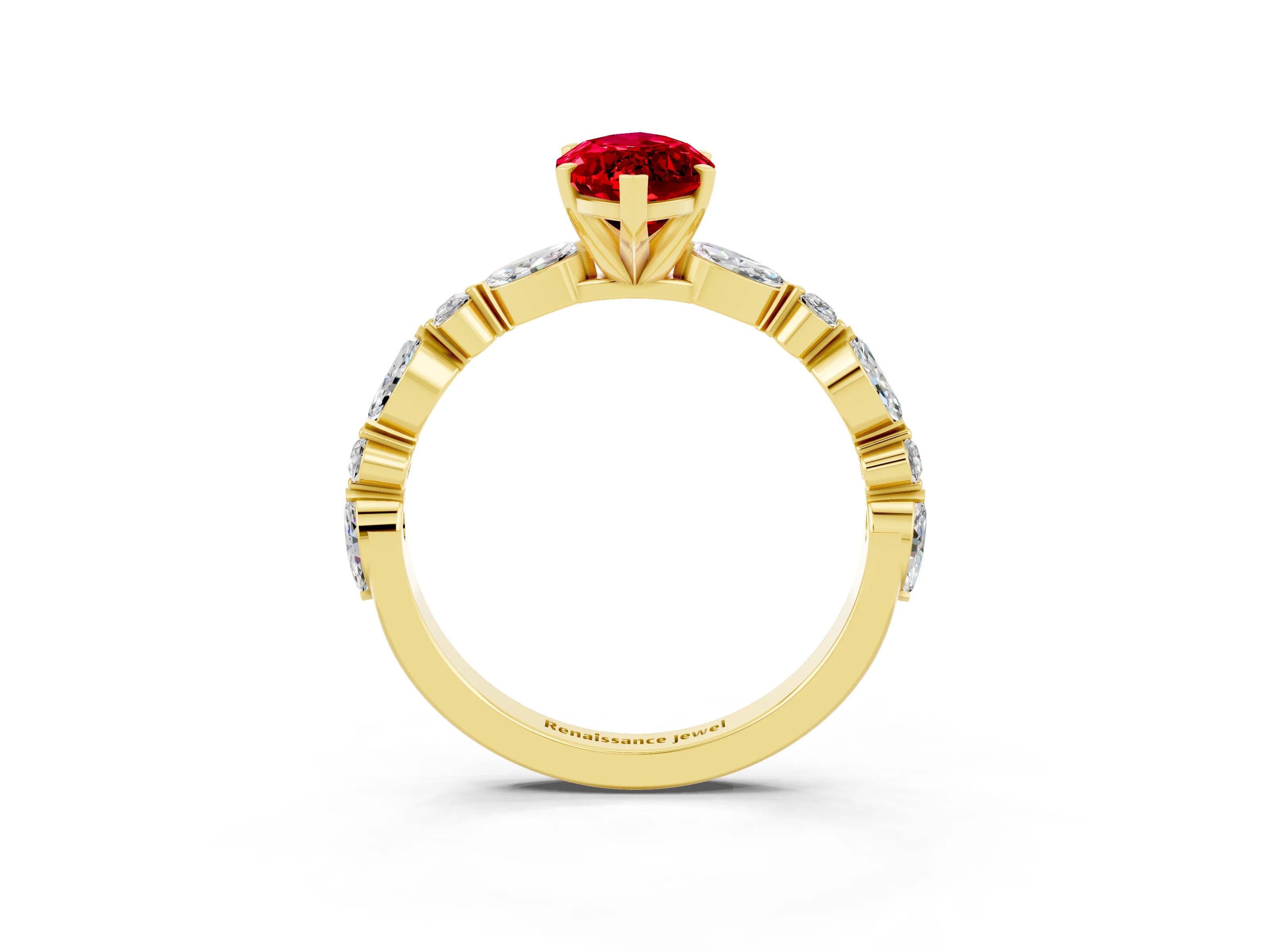 Yellow gold Marquise Cut Ruby Solitaire with Side Stones on a Pavé Band and Four-Prong Setting_3