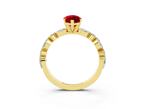 Yellow gold Marquise Cut Ruby Ring with Marquise and Round  Side Stones and Four-Prong Setting
