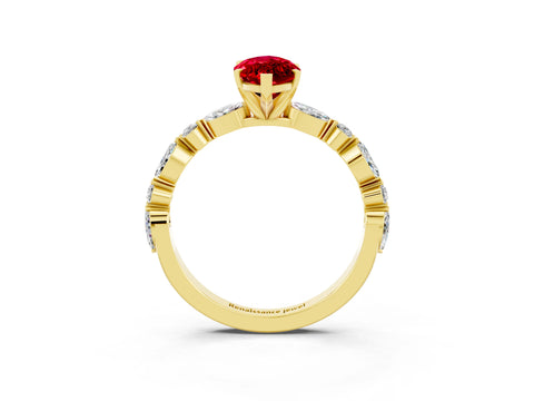 Yellow gold Marquise Cut Ruby Solitaire with Side Stones on a Pavé Band and Four-Prong Setting_3