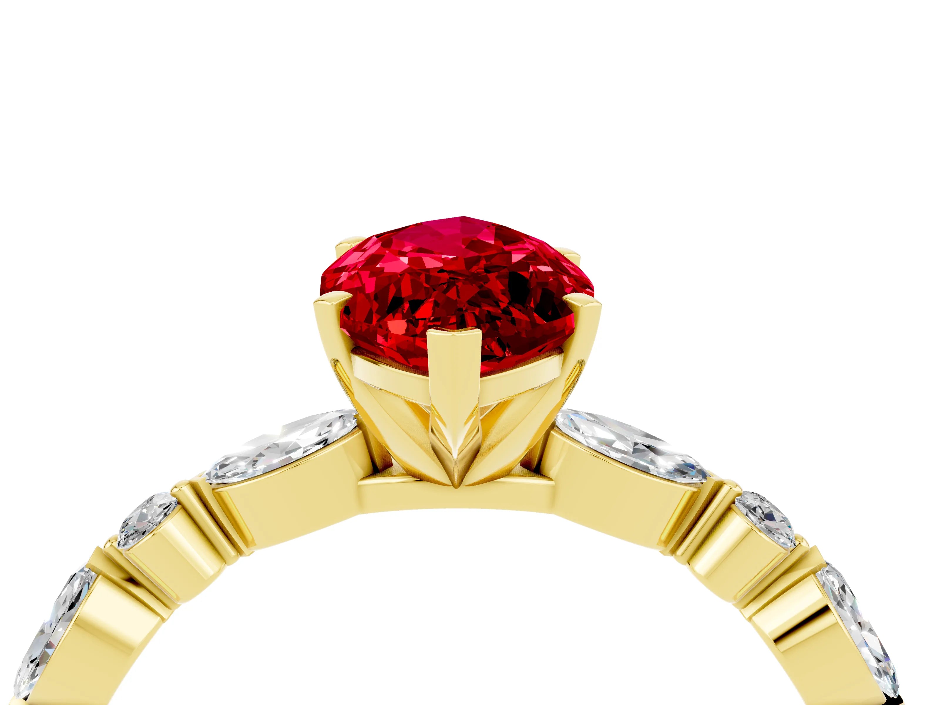 Yellow gold Marquise Cut Ruby Solitaire with Side Stones on a Pavé Band and Four-Prong Setting_4