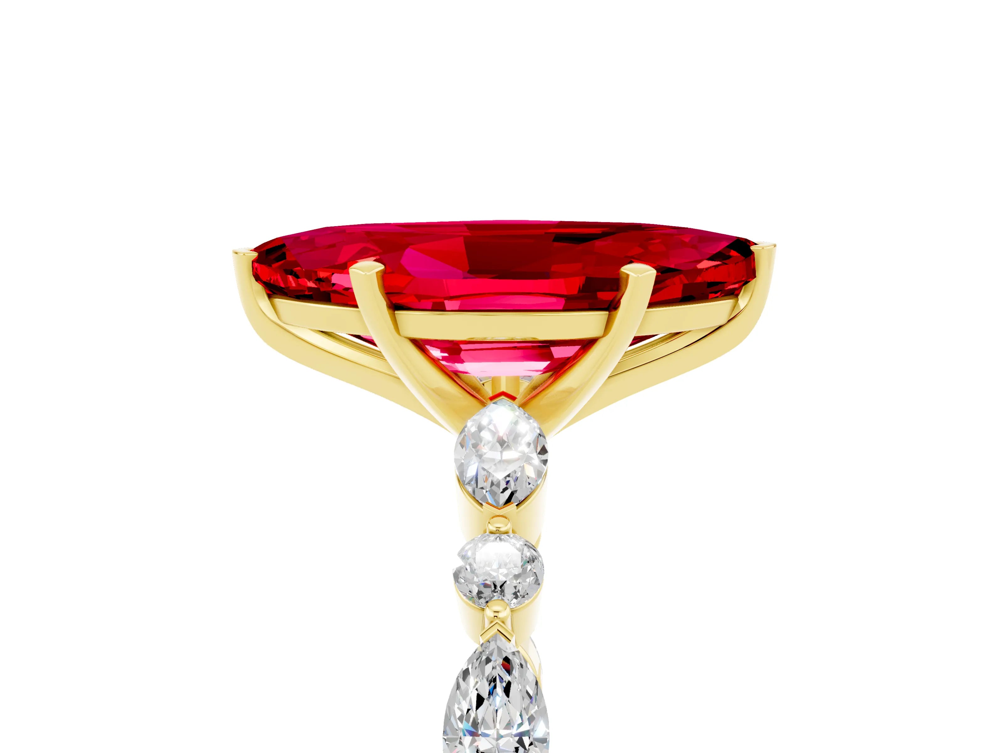 Yellow gold Marquise Cut Ruby Solitaire with Side Stones on a Pavé Band and Four-Prong Setting_5